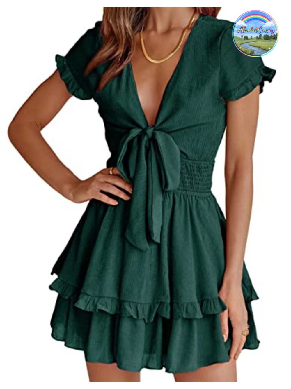 Women's Boho Floral Tiered Bow Mini Dress V-Neck Short Sleeve A-Line Chiffon